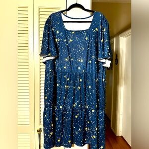 Women’s Blue Midi Tshirt Dress with Gold Stars
